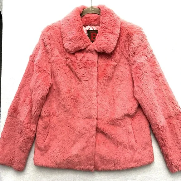 Bernardo Large L Spanish Rabbit Fur Coat Coral Salmon Jacket Satin Lined - Picture 1 of 11
